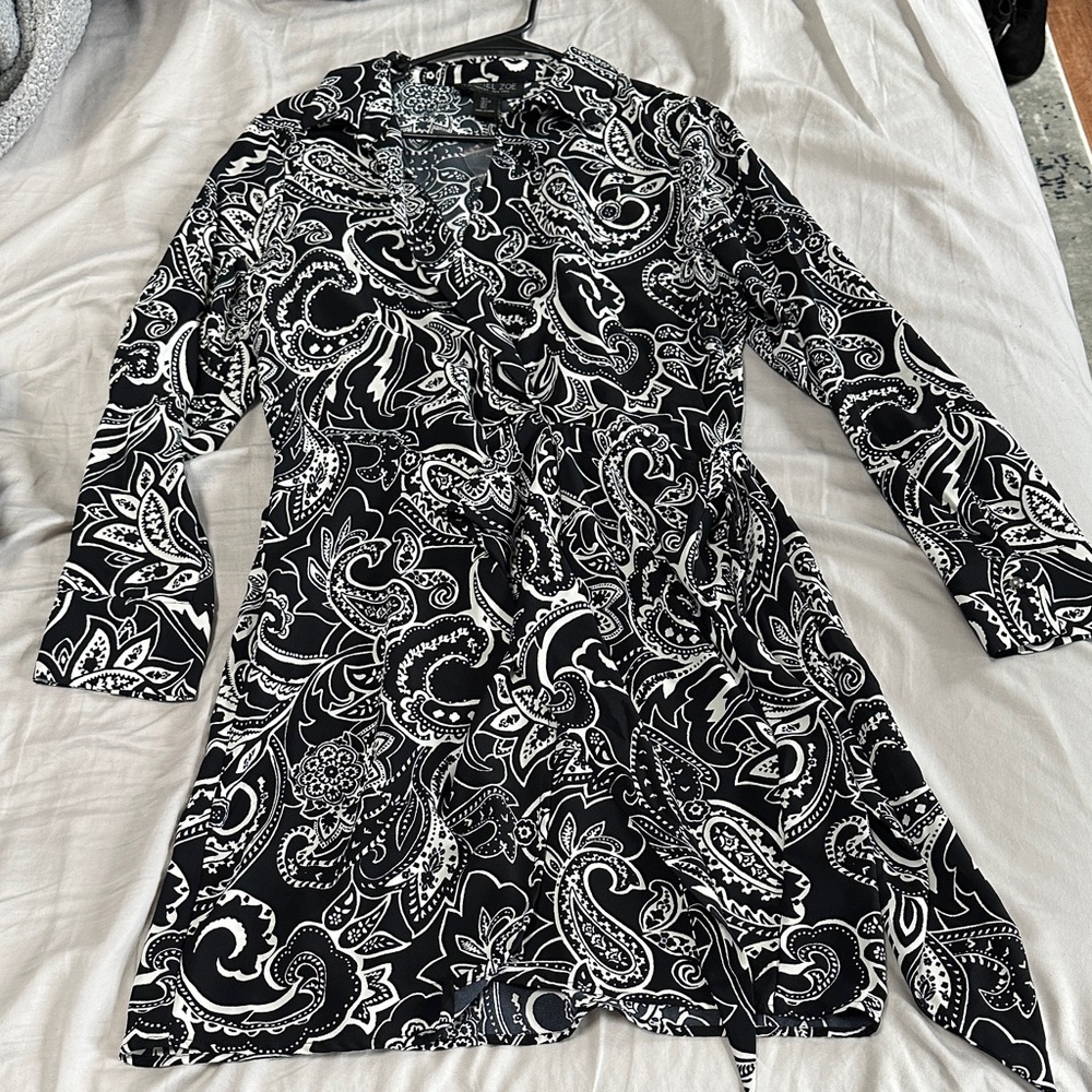 Rachel Zoe Black and White Paisley Tie-Waist Long-Sleeve Dress